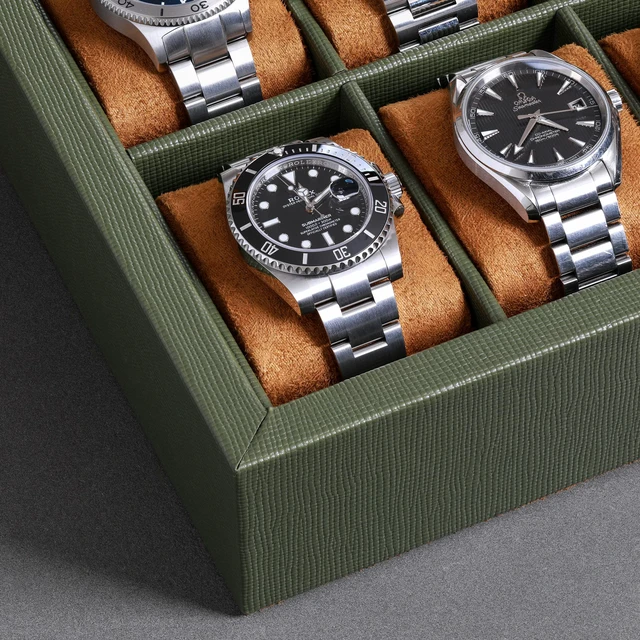 Alt view image 7 of 7 - 10 Slot Leather Watch Box - Luxury Case Display Jewelry Organizer - Locking Watch Display Case Holder with Large Glass Top - Box Organizer for Men and Women (Green/Tan)