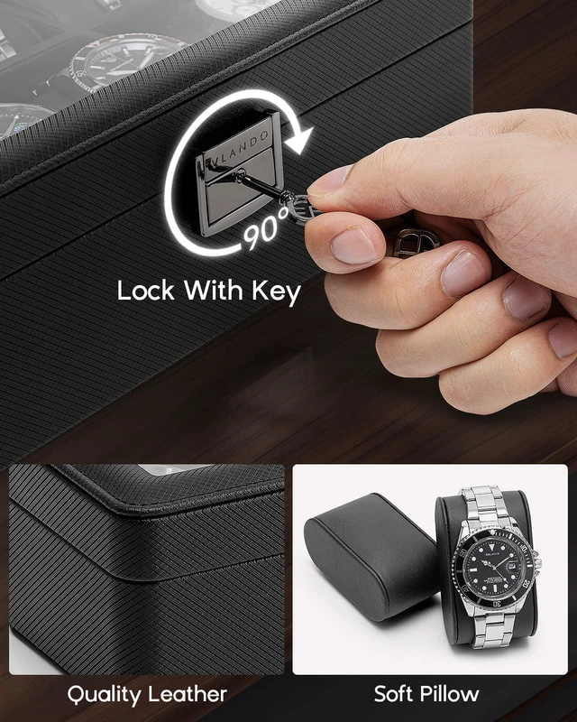 Alt view image 4 of 7 - Watch Case for Men,6-Slot Lockable Watch Box for Men with Glass Lid