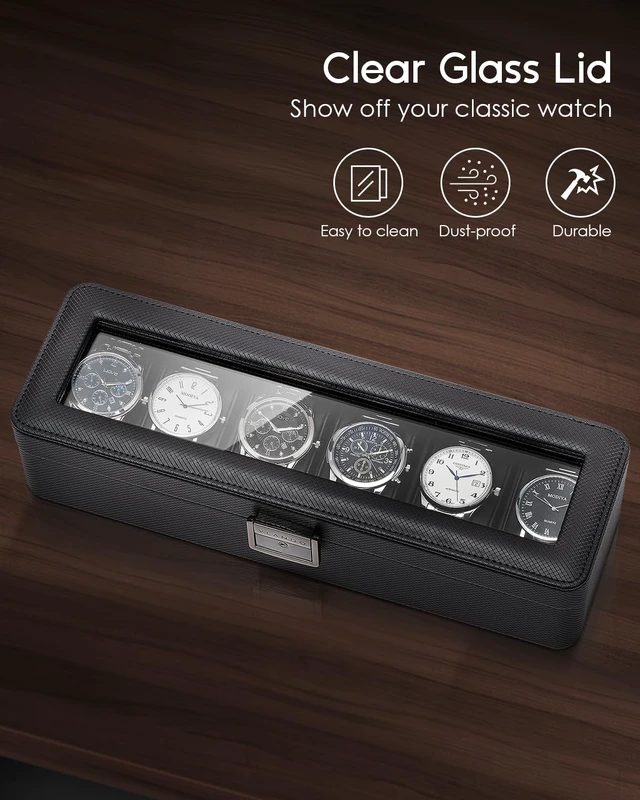 Alt view image 6 of 7 - Watch Case for Men,6-Slot Lockable Watch Box for Men with Glass Lid