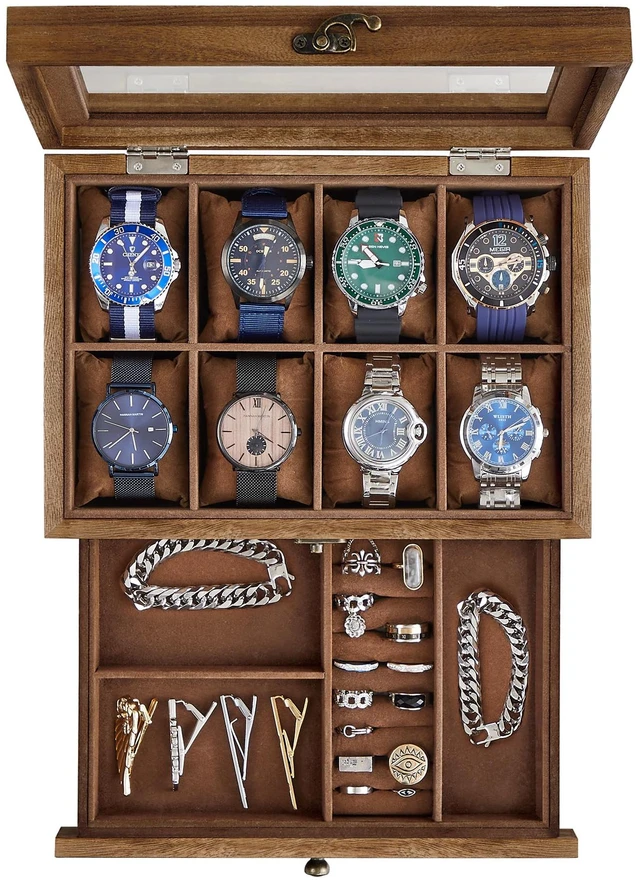 Main image of 8-Slot Wooden Watch Box, Display Case with Large Glass Lid | 2-Tier Watch Case for Jewelry, Removable Pillows, Velvet Lining, Gift Idea, Coffee Brown, GISELLA Collection UJOW008K01