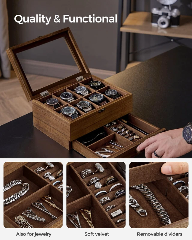 Alt view image 4 of 7 - 8-Slot Wooden Watch Box, Display Case with Large Glass Lid | 2-Tier Watch Case for Jewelry, Removable Pillows, Velvet Lining, Gift Idea, Coffee Brown, GISELLA Collection UJOW008K01
