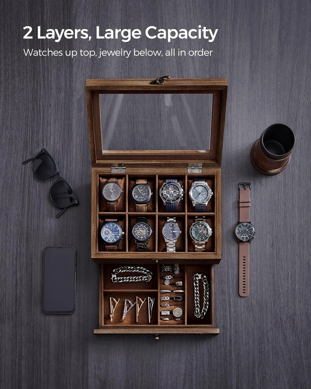 Alt view image 3 of 7 - 8-Slot Wooden Watch Box, Display Case with Large Glass Lid | 2-Tier Watch Case for Jewelry, Removable Pillows, Velvet Lining, Gift Idea, Coffee Brown, GISELLA Collection UJOW008K01