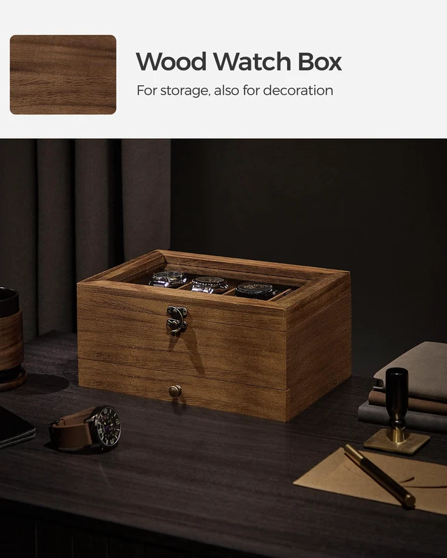 Alt view image 5 of 7 - 8-Slot Wooden Watch Box, Display Case with Large Glass Lid | 2-Tier Watch Case for Jewelry, Removable Pillows, Velvet Lining, Gift Idea, Coffee Brown, GISELLA Collection UJOW008K01