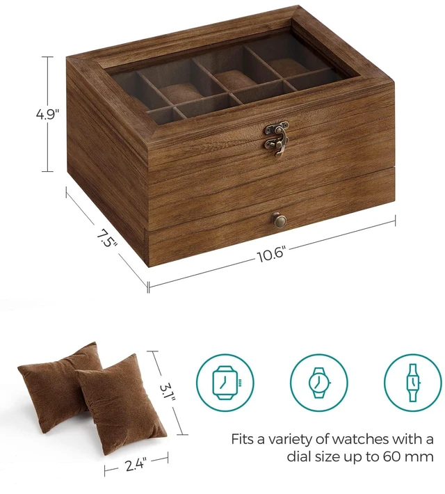 Alt view image 6 of 7 - 8-Slot Wooden Watch Box, Display Case with Large Glass Lid | 2-Tier Watch Case for Jewelry, Removable Pillows, Velvet Lining, Gift Idea, Coffee Brown, GISELLA Collection UJOW008K01