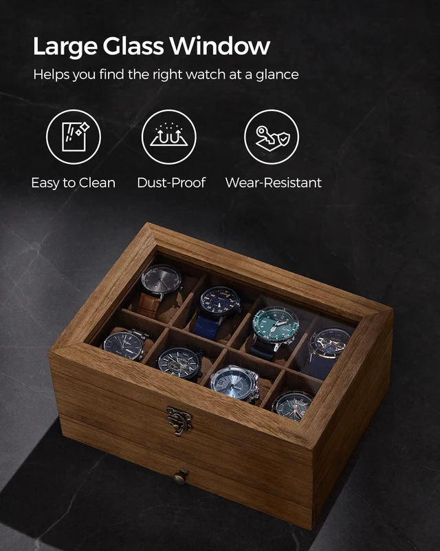 Alt view image 7 of 7 - 8-Slot Wooden Watch Box, Display Case with Large Glass Lid | 2-Tier Watch Case for Jewelry, Removable Pillows, Velvet Lining, Gift Idea, Coffee Brown, GISELLA Collection UJOW008K01