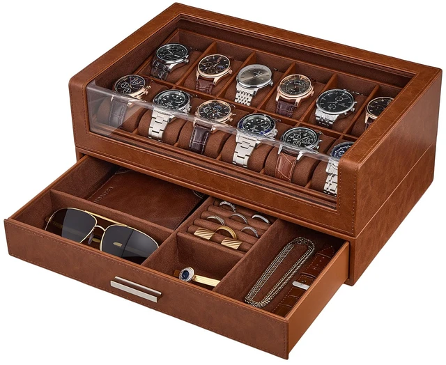 Main image of Watch Box for Men, 12 Slots Watch Display Holder -Brown