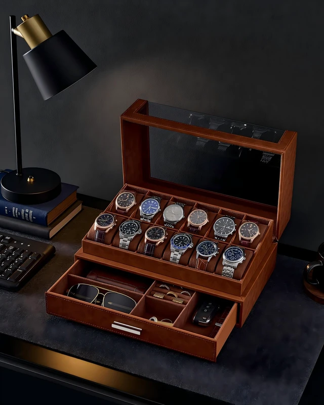 Alt view image 2 of 7 - Watch Box for Men, 12 Slots Watch Display Holder -Brown