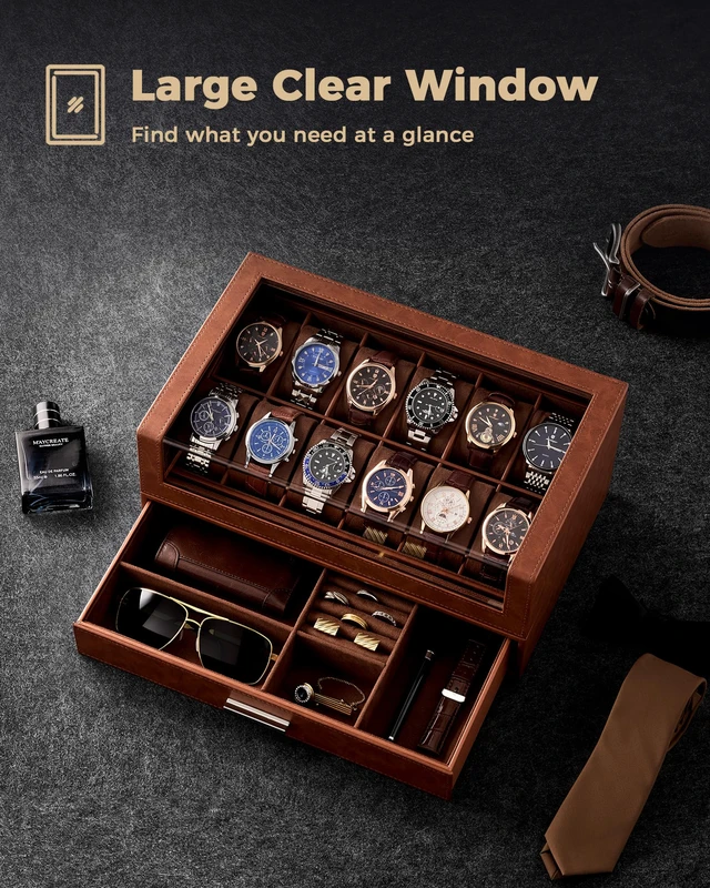 Alt view image 5 of 7 - Watch Box for Men, 12 Slots Watch Display Holder -Brown