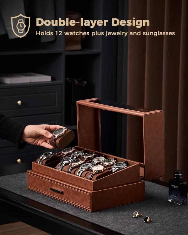 Alt view image 3 of 7 - Watch Box for Men, 12 Slots Watch Display Holder -Brown