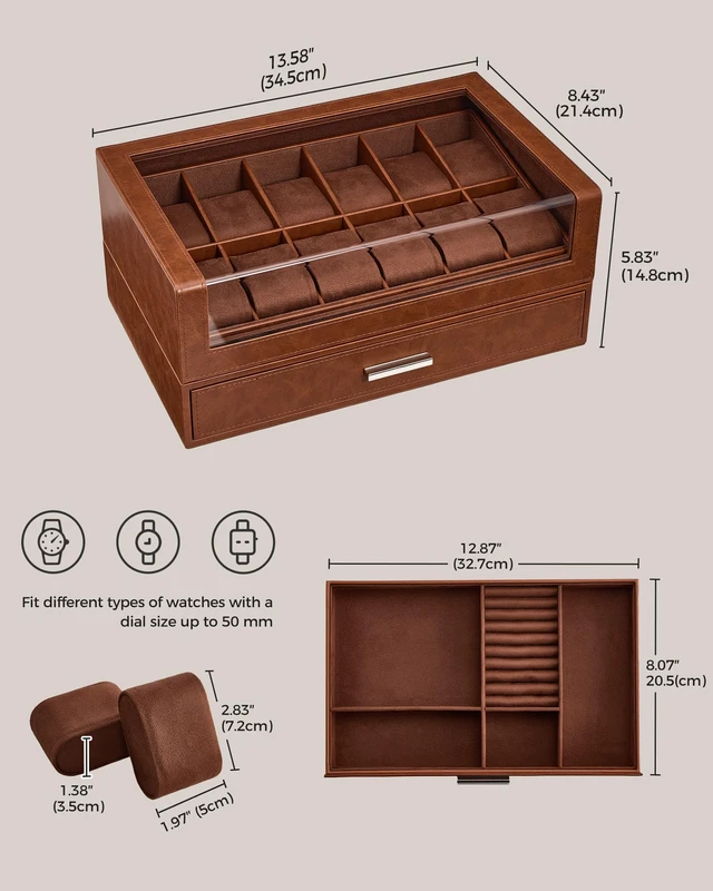 Alt view image 6 of 7 - Watch Box for Men, 12 Slots Watch Display Holder -Brown