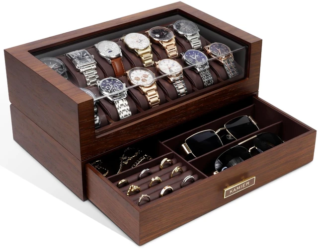 Main image of High End Watch Box for Men, 12 Slot Wooden Watch Case With Drawer