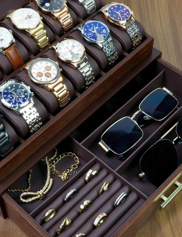 Alt view image 3 of 7 - High End Watch Box for Men, 12 Slot Wooden Watch Case With Drawer