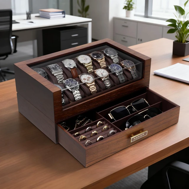Alt view image 7 of 7 - High End Watch Box for Men, 12 Slot Wooden Watch Case With Drawer