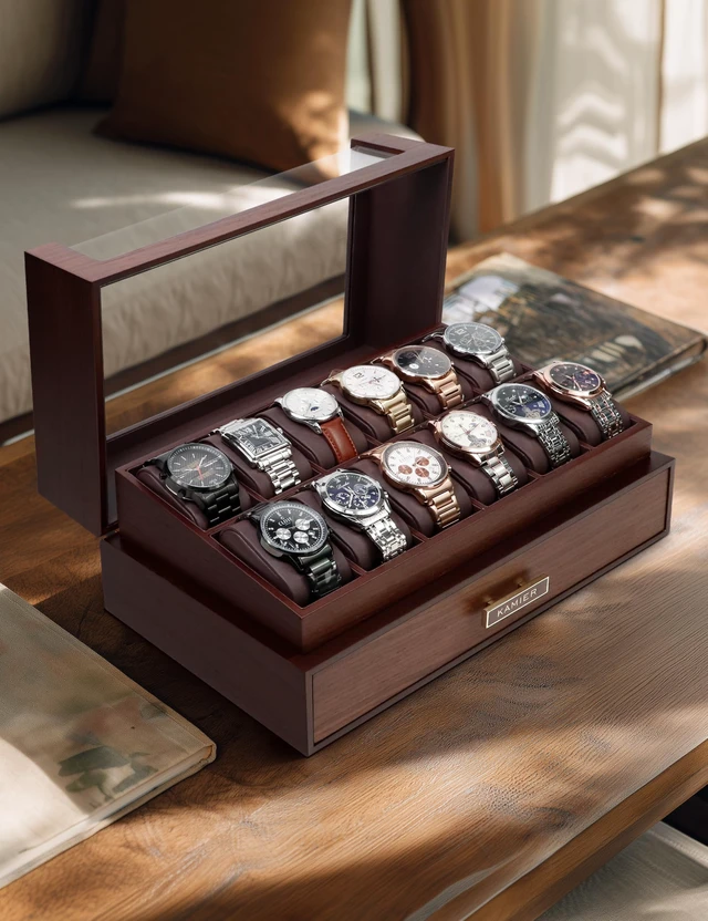 Alt view image 6 of 7 - High End Watch Box for Men, 12 Slot Wooden Watch Case With Drawer