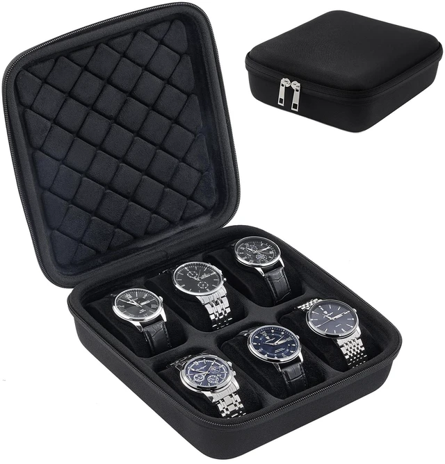 Main image of 6-Slot Travel Watch Case for Men, Hard Shell Storage Box -Black