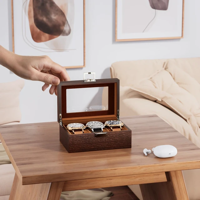 Alt view image 5 of 7 - Wooden Watch Box, 3 Slot Mens Watch Display Case, Espresso