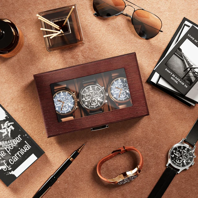 Alt view image 6 of 7 - Wooden Watch Box, 3 Slot Mens Watch Display Case, Espresso