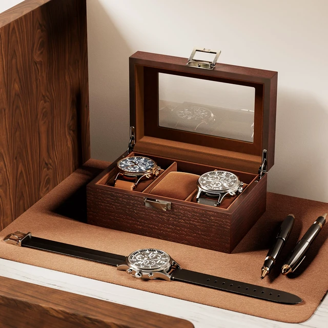 Alt view image 7 of 7 - Wooden Watch Box, 3 Slot Mens Watch Display Case, Espresso