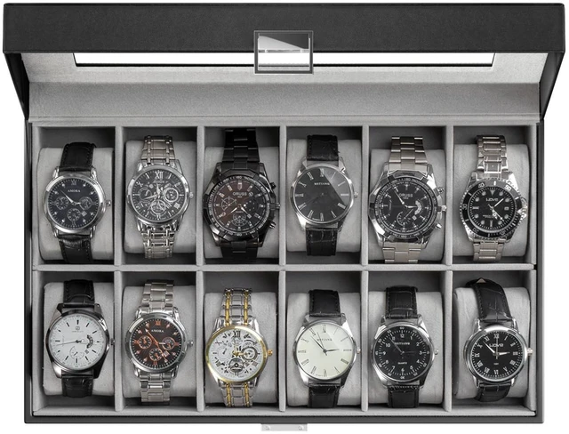 Main image of Watch Box Organizer, 12 Slot Watch Display Case, Black