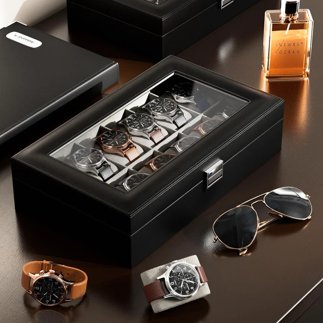 Alt view image 4 of 7 - Watch Box Organizer, 12 Slot Watch Display Case, Black