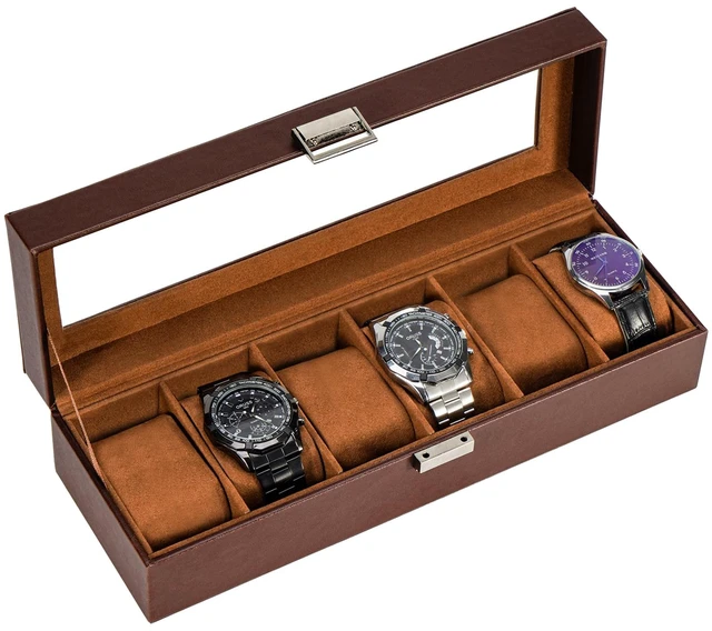 Main image of Watch Box, 6 Slot Mens Watch Display Case, Espresso