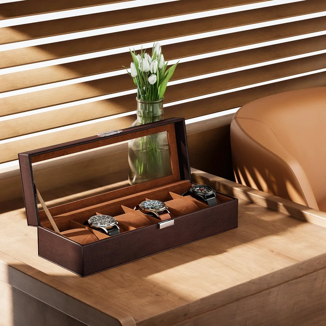 Alt view image 7 of 7 - Watch Box, 6 Slot Mens Watch Display Case, Espresso