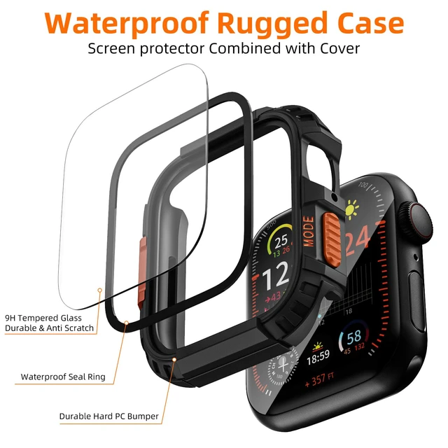 Alt view image 4 of 6 - Rugged Waterproof Case for Apple Watch 46mm Series 11 10 with Tempered Glass Screen Protector, Durable Hard PC Bumper Protective Face Cover for iWatch 46 mm Black
