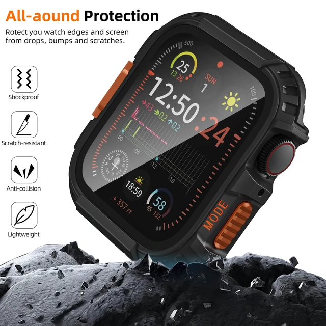 Alt view image 3 of 6 - Rugged Waterproof Case for Apple Watch 46mm Series 11 10 with Tempered Glass Screen Protector, Durable Hard PC Bumper Protective Face Cover for iWatch 46 mm Black