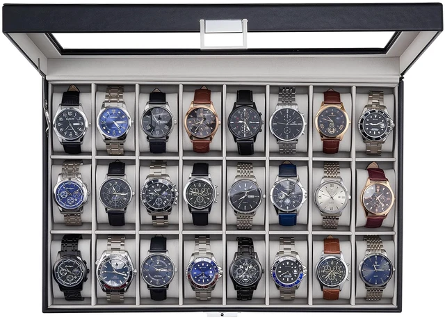 Main image of Watch Box for Men, 24 Slot Display Case with Real Glass Lid