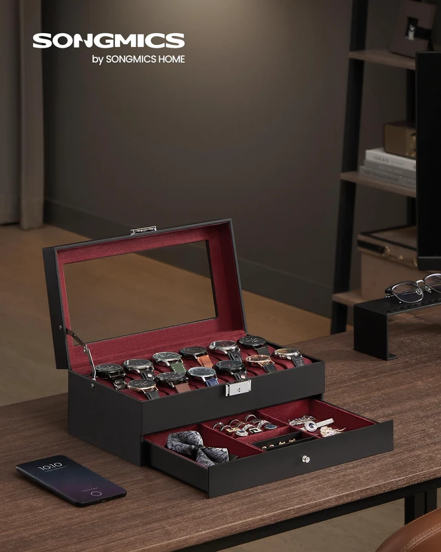 Alt view image 2 of 6 - 12-Slot Watch Box, Lockable with Glass Lid, 2 Layers Watch Case