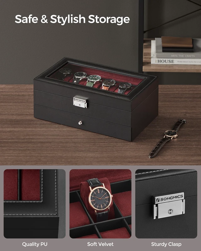 Alt view image 3 of 6 - 12-Slot Watch Box, Lockable with Glass Lid, 2 Layers Watch Case