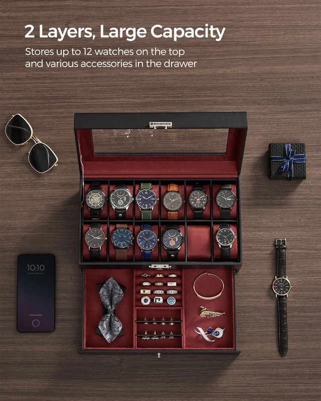 Alt view image 4 of 6 - 12-Slot Watch Box, Lockable with Glass Lid, 2 Layers Watch Case