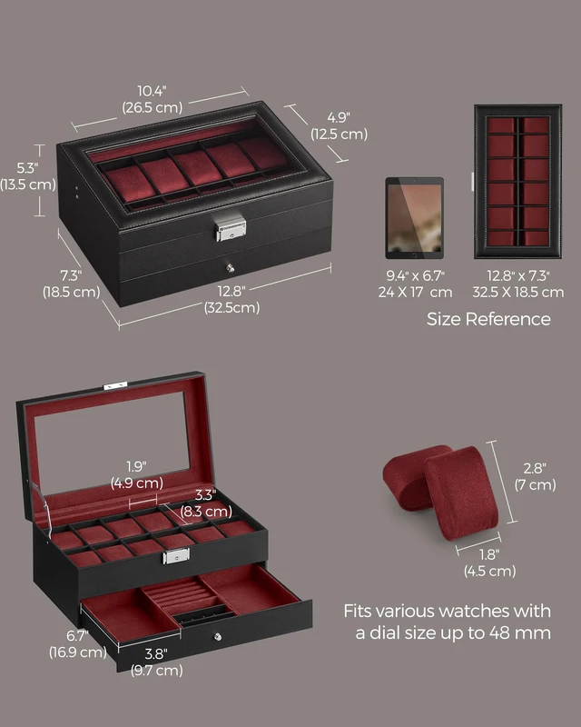 Alt view image 5 of 6 - 12-Slot Watch Box, Lockable with Glass Lid, 2 Layers Watch Case