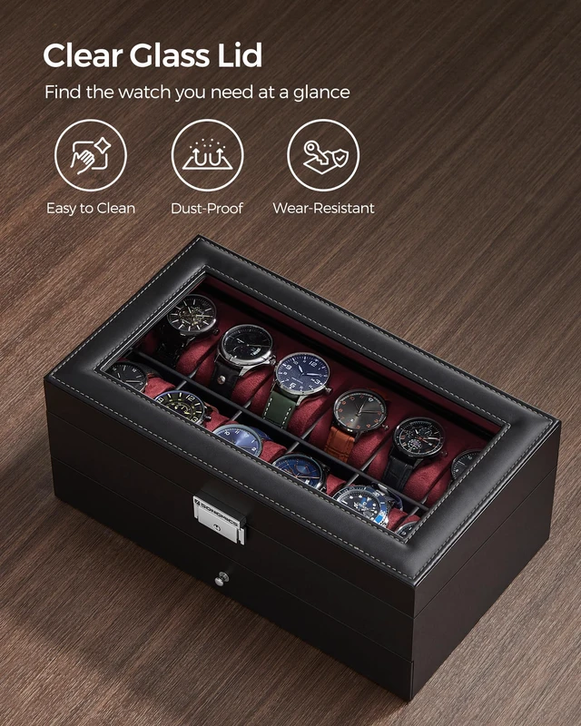 Alt view image 6 of 6 - 12-Slot Watch Box, Lockable with Glass Lid, 2 Layers Watch Case