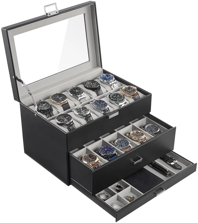 Main image of 3-Layer Watch Box with Glass Lid for Men, 20-Slot, Black