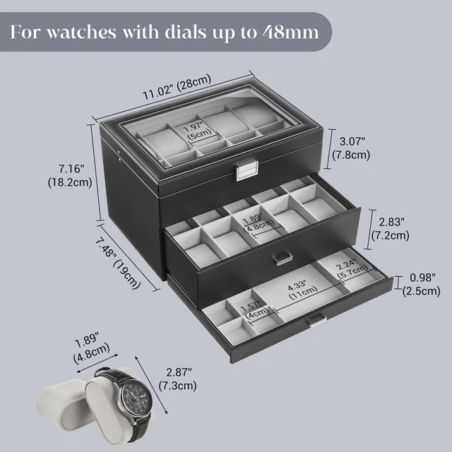 Alt view image 3 of 7 - 3-Layer Watch Box with Glass Lid for Men, 20-Slot, Black