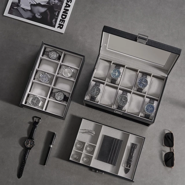 Alt view image 4 of 7 - 3-Layer Watch Box with Glass Lid for Men, 20-Slot, Black