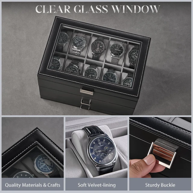 Alt view image 5 of 7 - 3-Layer Watch Box with Glass Lid for Men, 20-Slot, Black