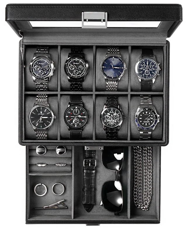 Main image of Premium Watch Box for Men, Jewelry Organizer Box with Drawer, Display Storage Case with Glass Lid -Black, 8 Slot
