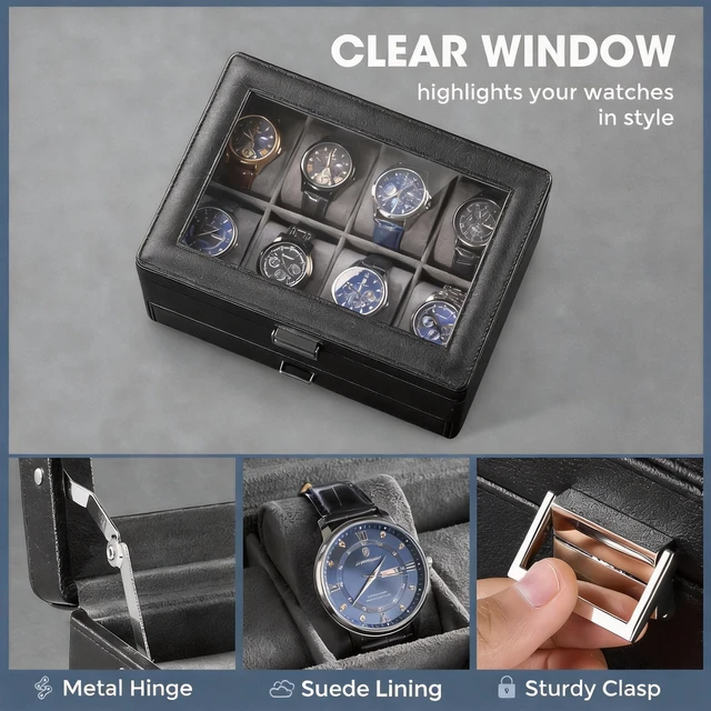 Alt view image 3 of 7 - Premium Watch Box for Men, Jewelry Organizer Box with Drawer, Display Storage Case with Glass Lid -Black, 8 Slot