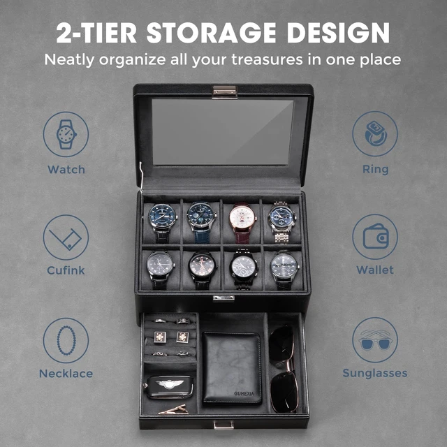 Alt view image 5 of 7 - Premium Watch Box for Men, Jewelry Organizer Box with Drawer, Display Storage Case with Glass Lid -Black, 8 Slot