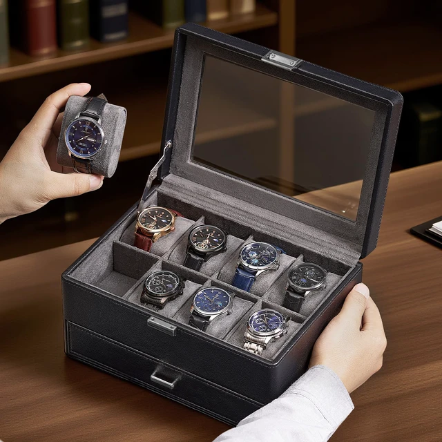 Alt view image 6 of 7 - Premium Watch Box for Men, Jewelry Organizer Box with Drawer, Display Storage Case with Glass Lid -Black, 8 Slot