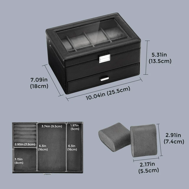 Alt view image 7 of 7 - Premium Watch Box for Men, Jewelry Organizer Box with Drawer, Display Storage Case with Glass Lid -Black, 8 Slot