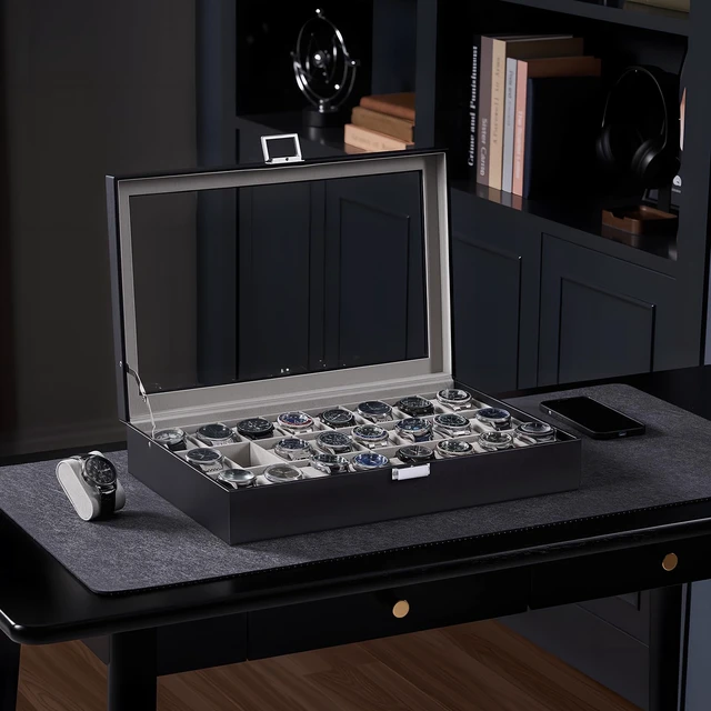 Alt view image 3 of 7 - Watch Box for Men, 24 Slot Display Case with Real Glass Lid