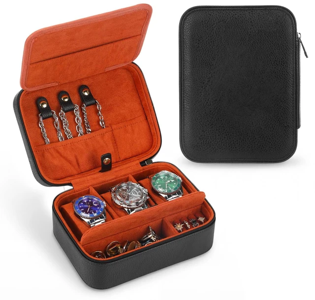 Main image of 3-Slot Watch Box for Men Watch Travel Case with Compartments Jewelry Storage Organizer Gift for Father Day Husband(Black- Brown)