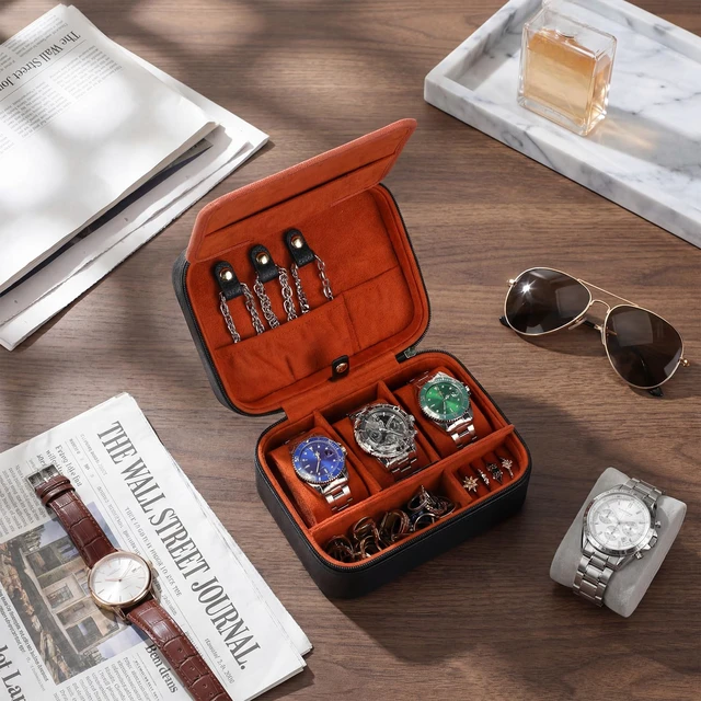 Alt view image 4 of 7 - 3-Slot Watch Box for Men Watch Travel Case with Compartments Jewelry Storage Organizer Gift for Father Day Husband(Black- Brown)