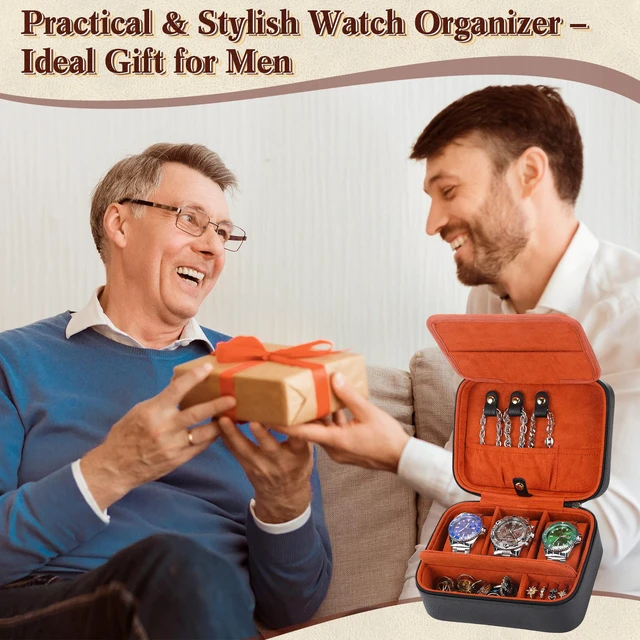 Alt view image 7 of 7 - 3-Slot Watch Box for Men Watch Travel Case with Compartments Jewelry Storage Organizer Gift for Father Day Husband(Black- Brown)