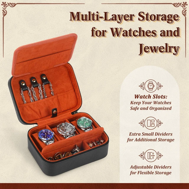 Alt view image 6 of 7 - 3-Slot Watch Box for Men Watch Travel Case with Compartments Jewelry Storage Organizer Gift for Father Day Husband(Black- Brown)