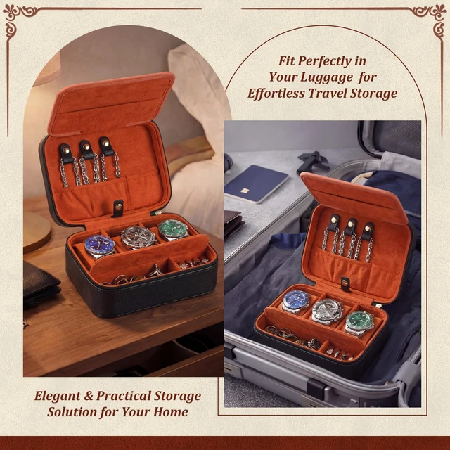 Alt view image 5 of 7 - 3-Slot Watch Box for Men Watch Travel Case with Compartments Jewelry Storage Organizer Gift for Father Day Husband(Black- Brown)