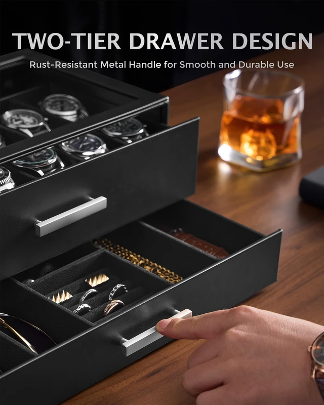Alt view image 2 of 7 - 12-Slot Watch Case for Men, 2-Tier Pull-Out Drawers Box -Black